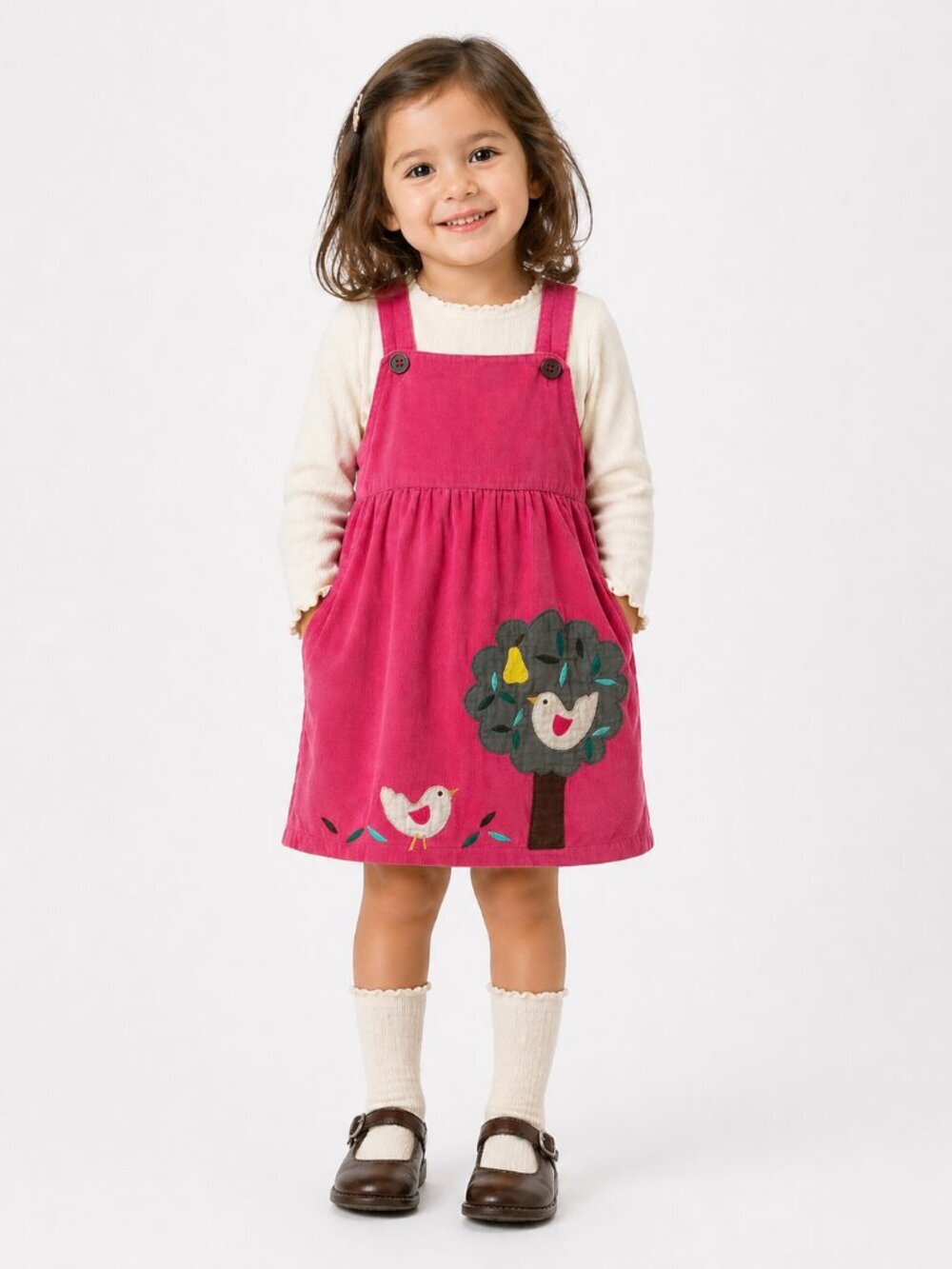 BABY BODEN Pink Corduroy Pinafore Partridge Pear Tree Dress 3-4 Toddler